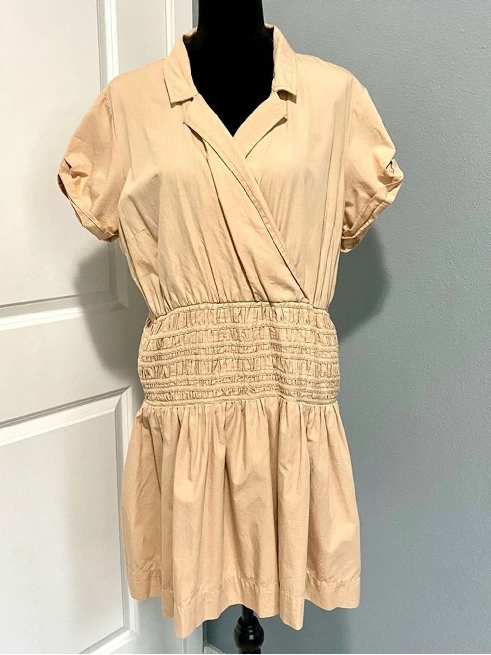 Anthropologie Pale Beige Smocked-Waist Short Sleeve Dress